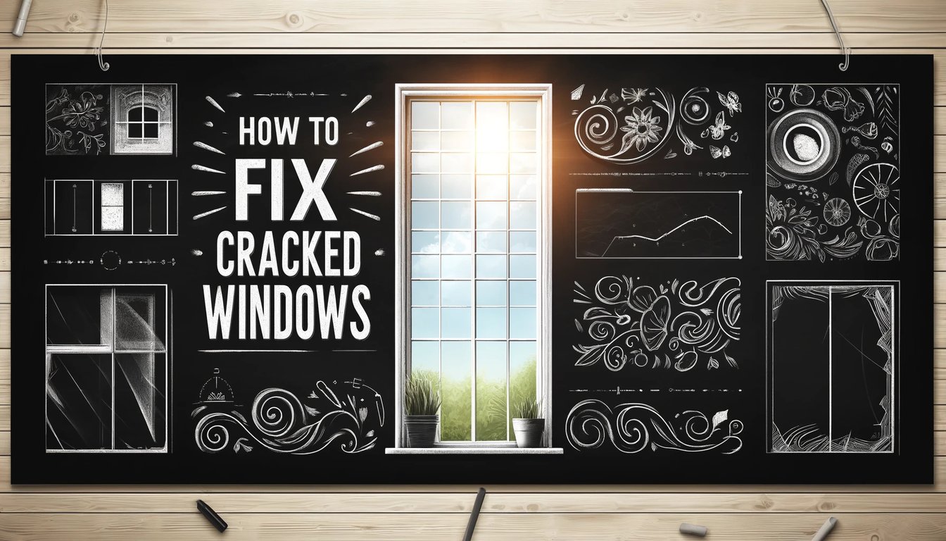 Professional window repair guide illustration showing various types of window cracks and fixes on decorative chalkboard background