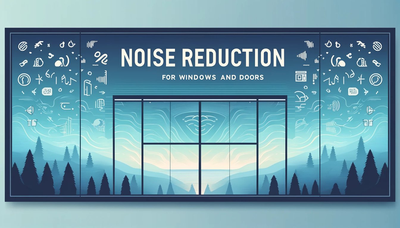 Artistic illustration of noise reduction window installation showing soundproofing technology with peaceful mountain landscape view