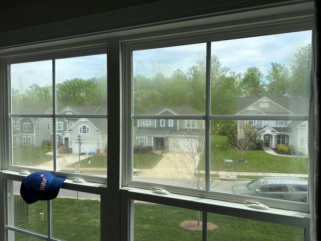 Modern double-hung vinyl windows overlooking suburban neighborhood in Raleigh, showing clean installation and clear view of homes