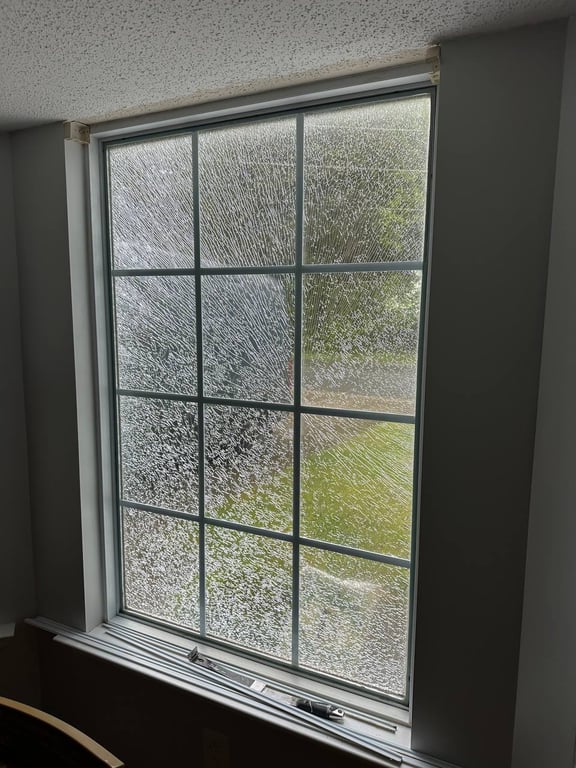 Shattered residential window with safety glass showing characteristic spider-web cracking pattern, awaiting professional repair