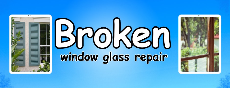 Professional window glass repair service banner showing residential windows and text against blue background