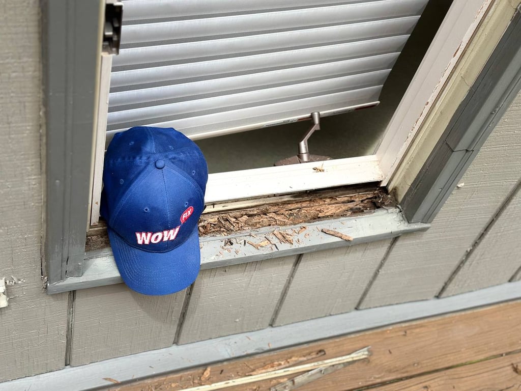 Deteriorating window frame with rotted wood and peeling paint, showcasing common window damage requiring professional repair