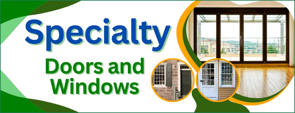 Specialty doors and windows showcase featuring panoramic windows, traditional entrance door, and French doors installation