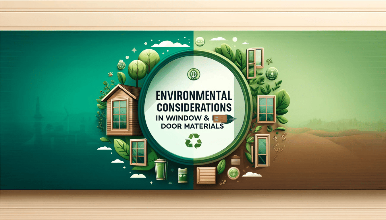 Environmental considerations infographic showing sustainable window and door materials with eco-friendly design elements and recycling symbols