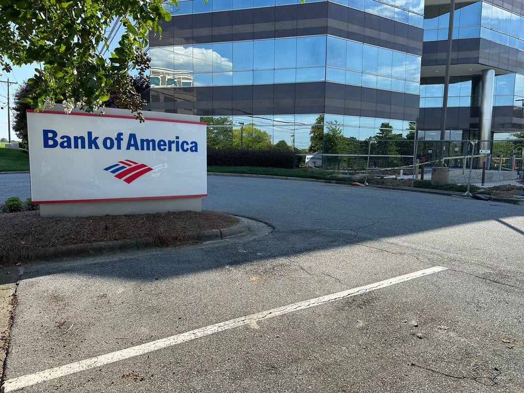 Bank of America branch office building with modern glass architecture and corporate signage in Greensboro Triad Metro area