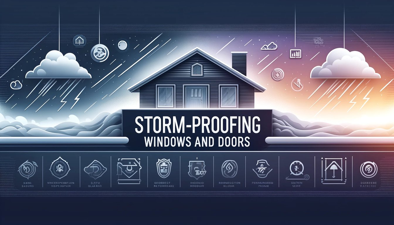 Professional storm-proofing services for residential windows and doors in Charlotte, featuring home protection illustration