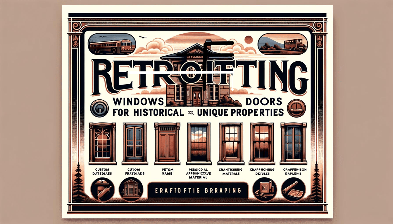 Vintage-style illustration showcasing historical window and door retrofitting services with Victorian architectural examples and designs