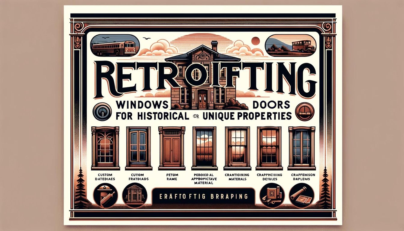 Vintage-style advertisement showing historical window and door retrofitting options with decorative architectural elements and designs