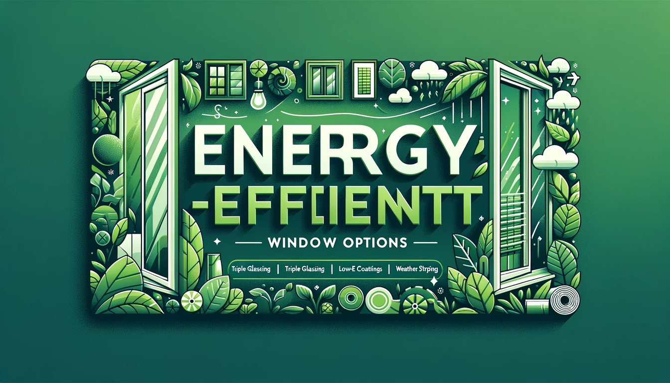 Energy efficient window options illustration showing triple glazing and low-E coating features with decorative green eco-friendly design