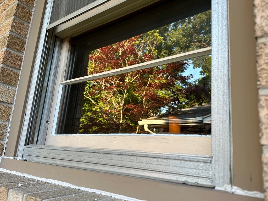 Double-hung window frame detail showing weatherstripping and tracks with autumn trees visible through glass in Charlotte home