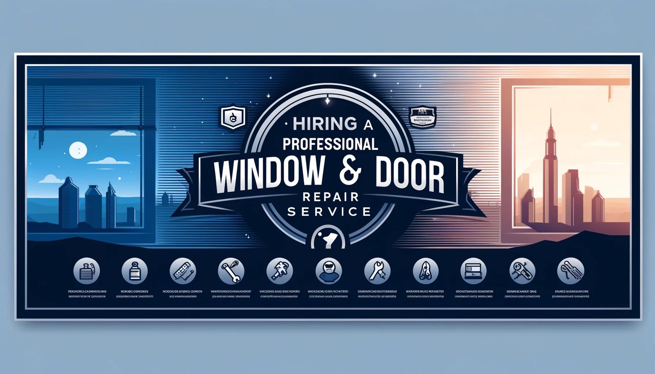 Professional window and door repair service banner with cityscape background and maintenance service icons for Charlotte homes and businesses
