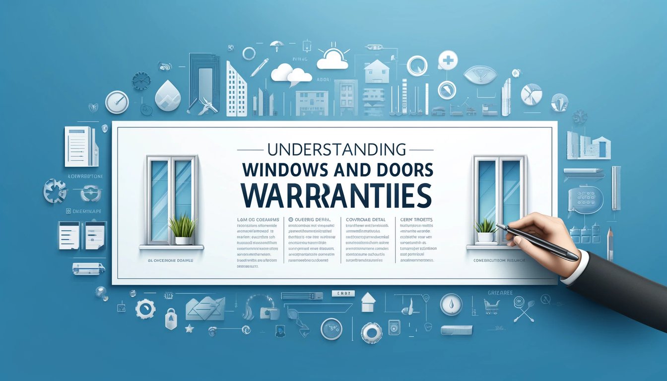 Comprehensive guide to understanding windows and doors warranties infographic with home improvement icons on blue background