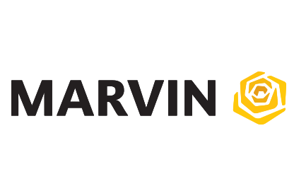 Marvin company logo featuring bold black text and geometric gold rose design for Charlotte Metro business services