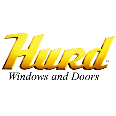 Hurd Windows and Doors official logo in metallic yellow gradient with black subtext for window and door services