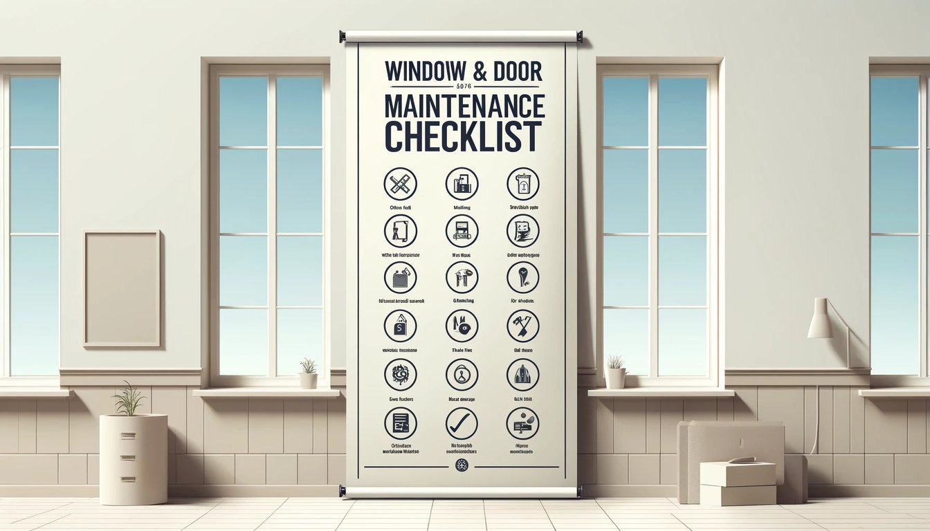Comprehensive window and door maintenance checklist displaying 18 essential service icons for home maintenance and repair tasks