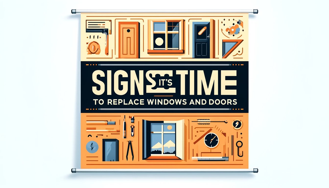 Informative illustration showing signs it's time to replace windows and doors, featuring home improvement tools and architectural elements