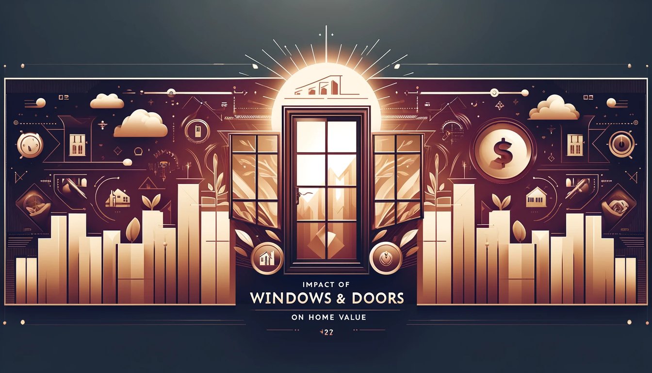 Artistic illustration showing the impact of windows and doors on home value with rising bar graphs and real estate metrics